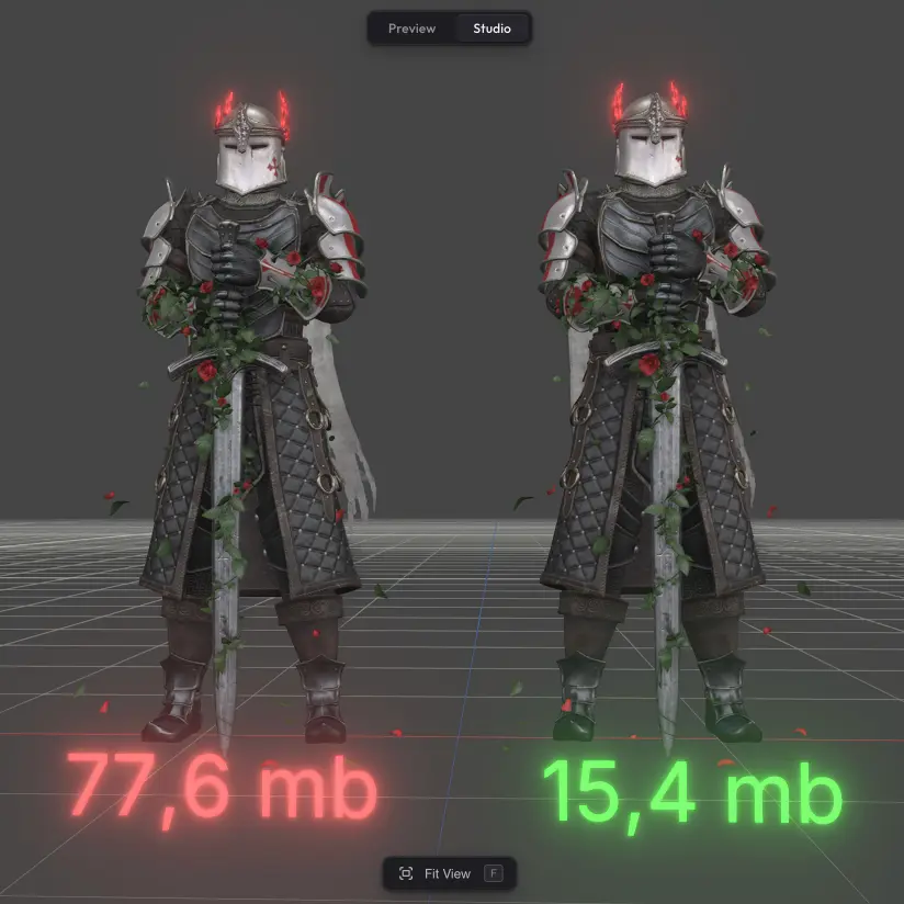 Optimizer — Compress 3D models up to 95% — meshopt and WebP, no visible quality loss.