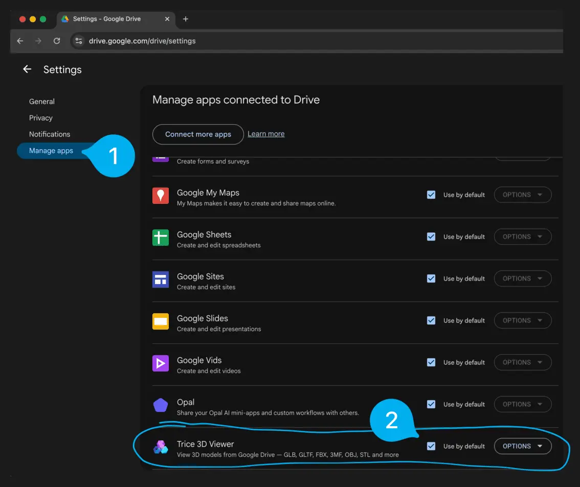Drive settings — Manage apps showing Trice 3D Viewer with Use by default checkbox