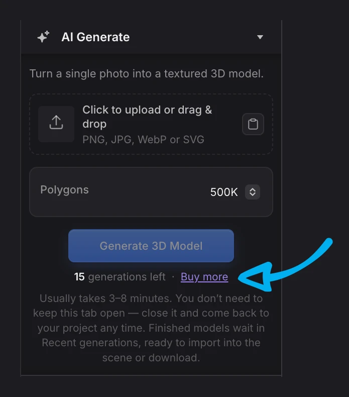 The AI Generate panel in the Studio, showing the generations balance and Buy more