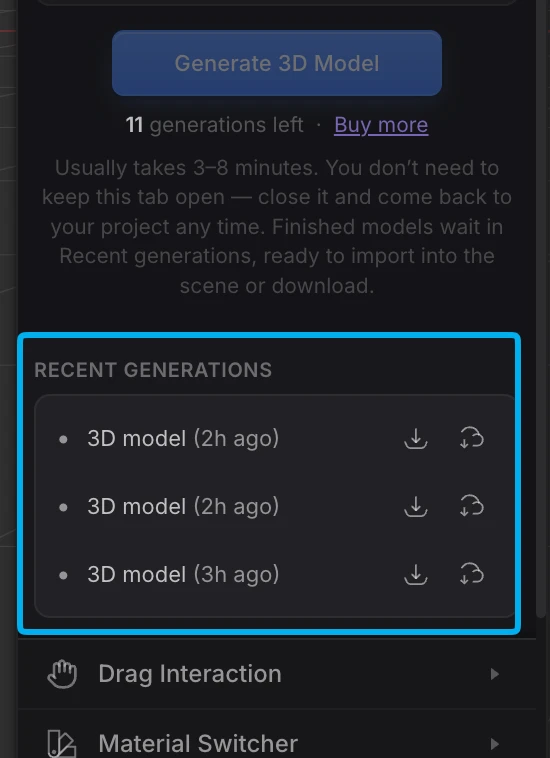 Recent generations, with download and import-to-scene actions.