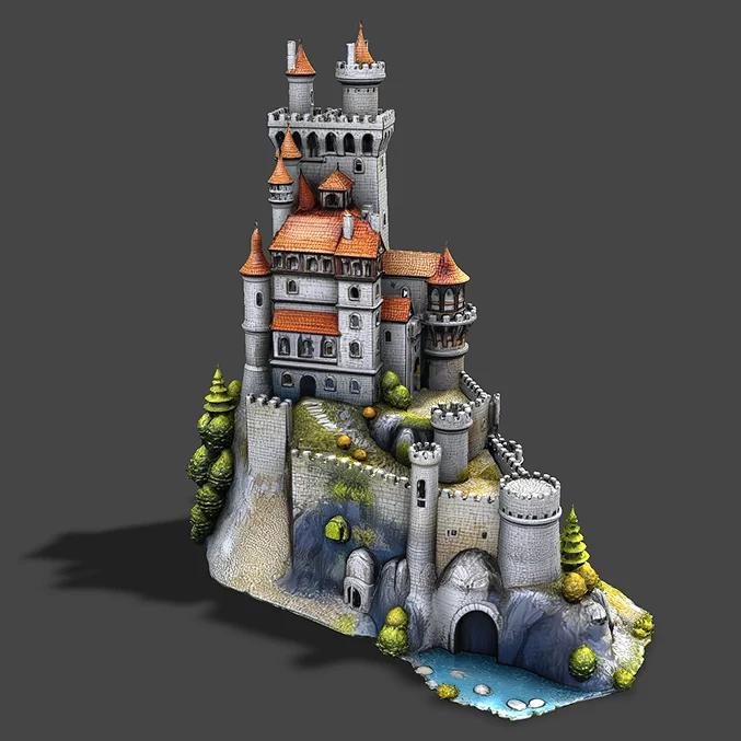Generated 3D model of a castle, textured